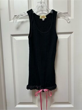 Ribbed Black Tank Top with Crochet Hem & Pink Ribbon Detail